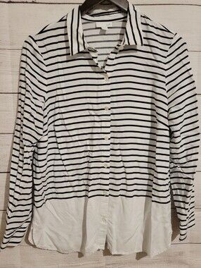 J. Jill Button Down Top White Navy Stripe Blouse Shirt Size Petite Medium